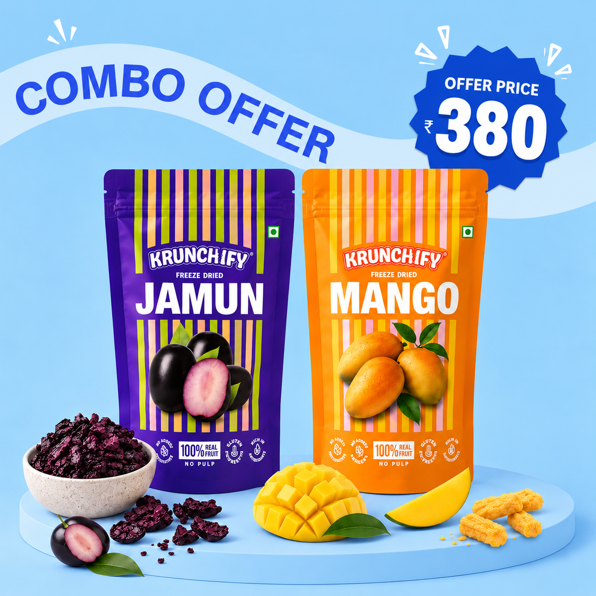 Two stand-up pouches of Krunchify freeze-dried fruits, Jamun and Mango, displayed on a light blue background with decorative fruit slices, a bowl of dark jamun pieces, and a blue 'Offer Price 380' badge. The text 'Combo Offer' is displayed at the top.