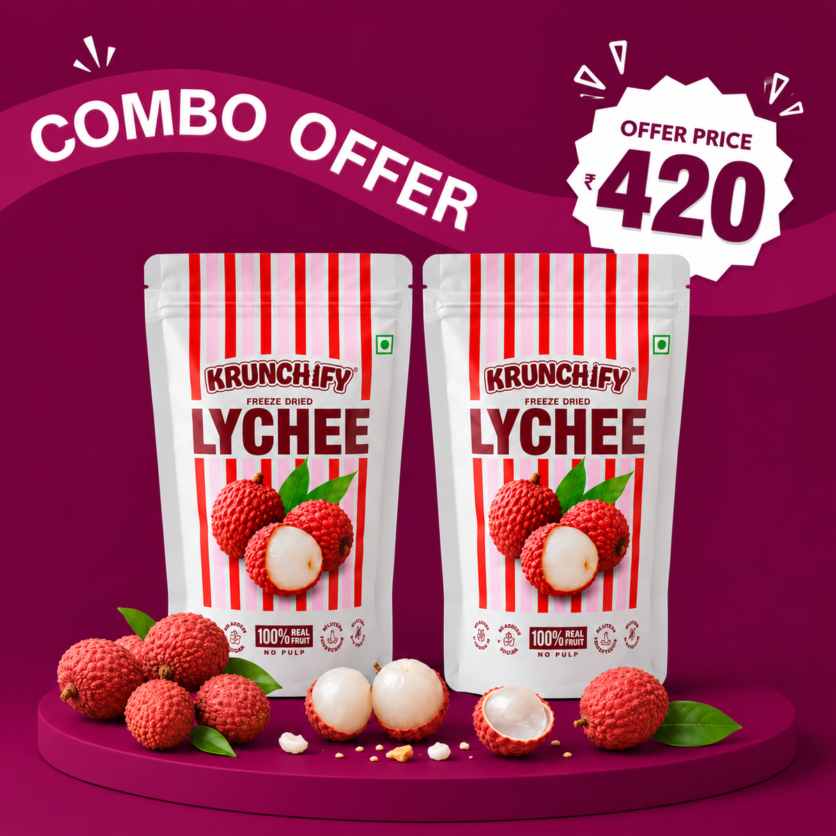 Two stand-up pouches of Krunchify Lychee Freeze Dried fruits displayed on a magenta platform with lychees and a promotional 'Combo Offer' badge. The product packaging is white with red vertical stripes and features an illustration of red lychees. 