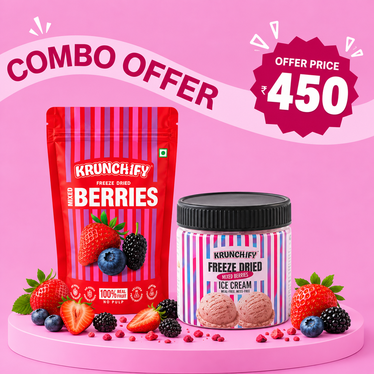 A promotional combo offer featuring a red stand-up pouch of Krunchify Freeze Dried Mixed Berries and a jar of Krunchify Freeze Dried Mixed Berries Ice Cream with strawberries, blueberries, and blackberries arranged around them. Large text reads 'COMBO OFFER' and a starburst says 'OFFER PRICE 450'
