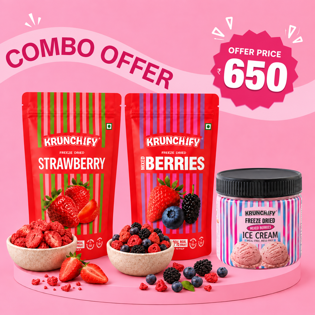 A promotional product bundle on a pink background featuring two red stand-up pouches of Krunchify freeze dried fruit snacks (Strawberry and Mixed Berries) and one jar of Krunchify Freeze Dried Ice Cream (Mixed Berries), with bowls of fresh berries and strawberries and a pink 'COMBO OFFER 650' graphic.