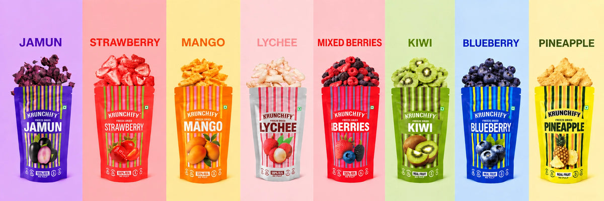A row of colorful freeze-dried fruits on a pastel gradient background, labeled Jamun, Strawberry, Mango, Lychee, Mixed Berries, Kiwi, Blueberry, and Pineapple.