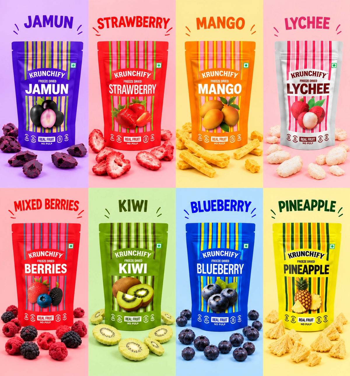 A 4x2 grid of Krunchify freeze dried fruit pouches on a pastel multicolor background, with loose fruit pieces arranged below each package. The products shown are Jamun, Strawberry, Mango, Lychee, Mixed Berries, Kiwi, Blueberry, and Pineapple flavors.