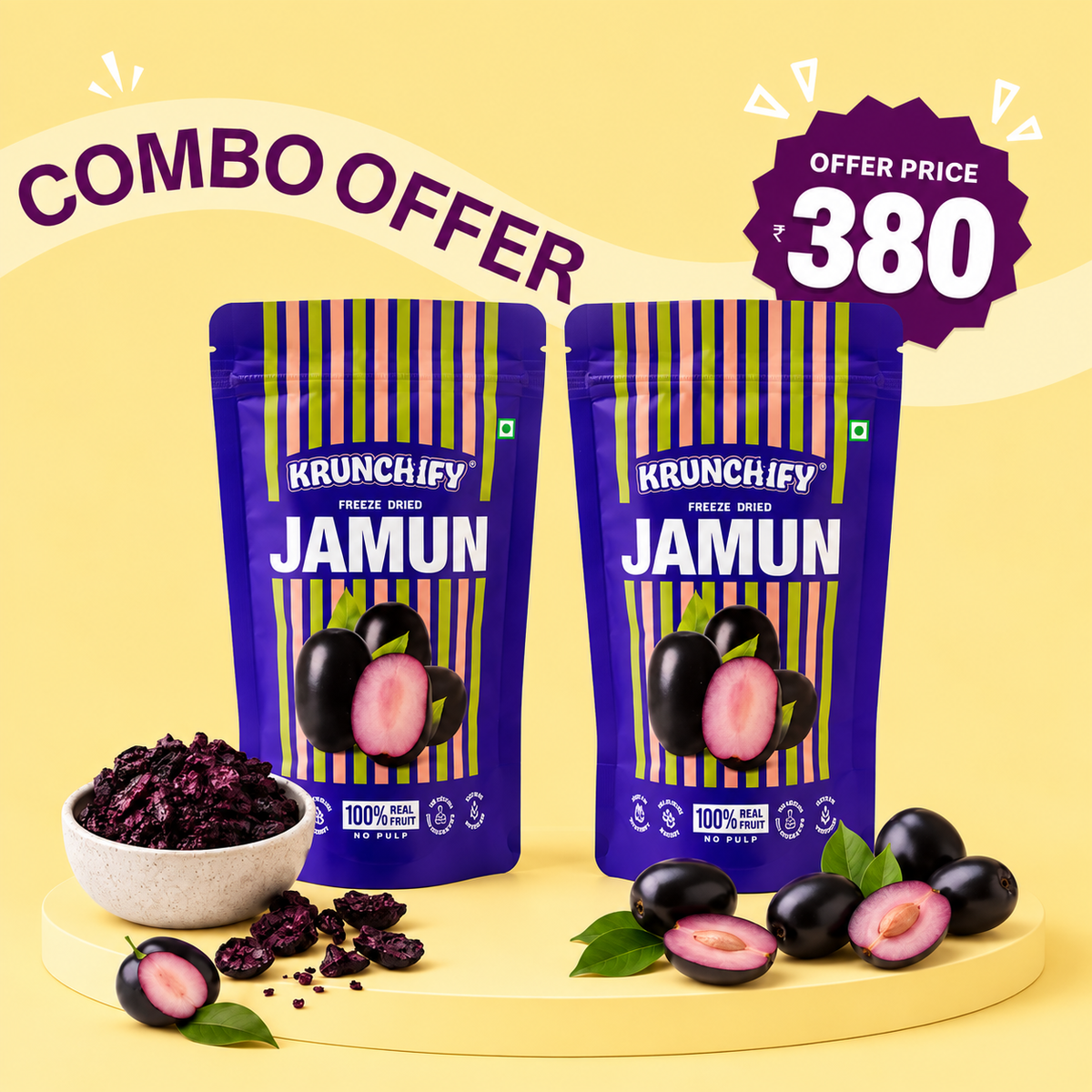 Two stand-up pouches of Krunchify Jamun Freeze-Dried Fruits are displayed on a yellow studio background with decorative fruit pieces and a small bowl. Large promotional text reads 'COMBO OFFER' and 'OFFER PRICE 380'.